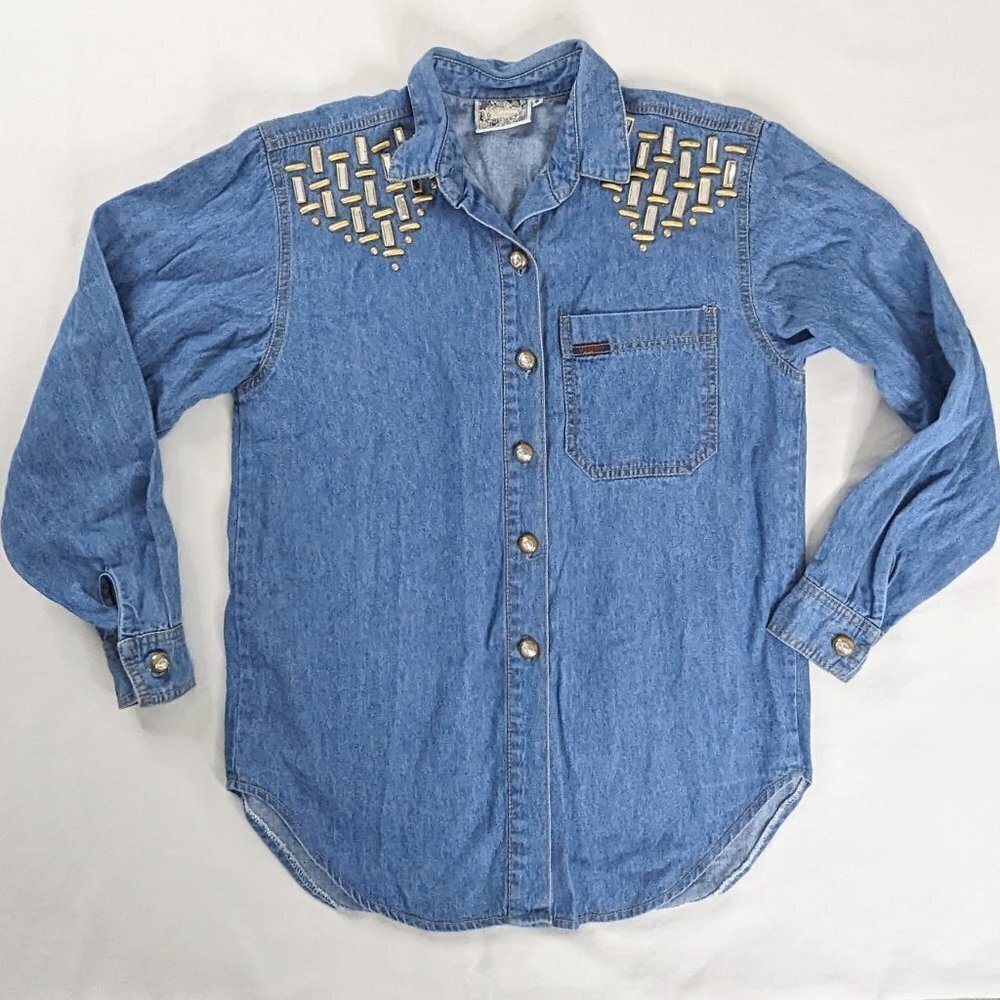 VTG Long Sleeve Denim Silver and Gold Jewel Front Button Up Top